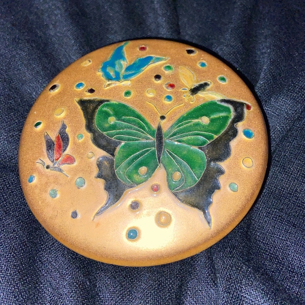 Vintage enameled butterflies MCM covered brass trinket dish